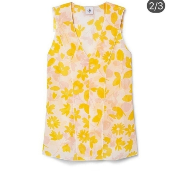 Cabi* Front Porch Top* Sleeveless* Sheer* Blouse* Yellow/Pink* Sz Small - Picture 1 of 4